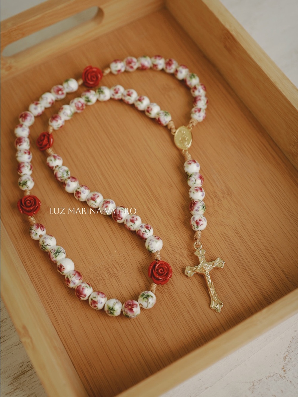 Floral Porcelain Rosary Necklace with Red Rose Accents